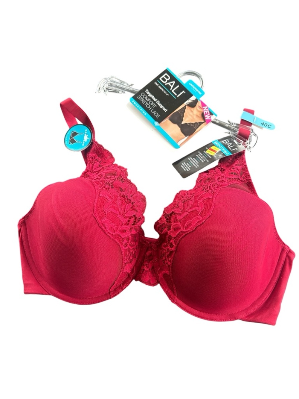 Bali cherry red bra new ladies size 40 C targeted support comfort lace smoothing